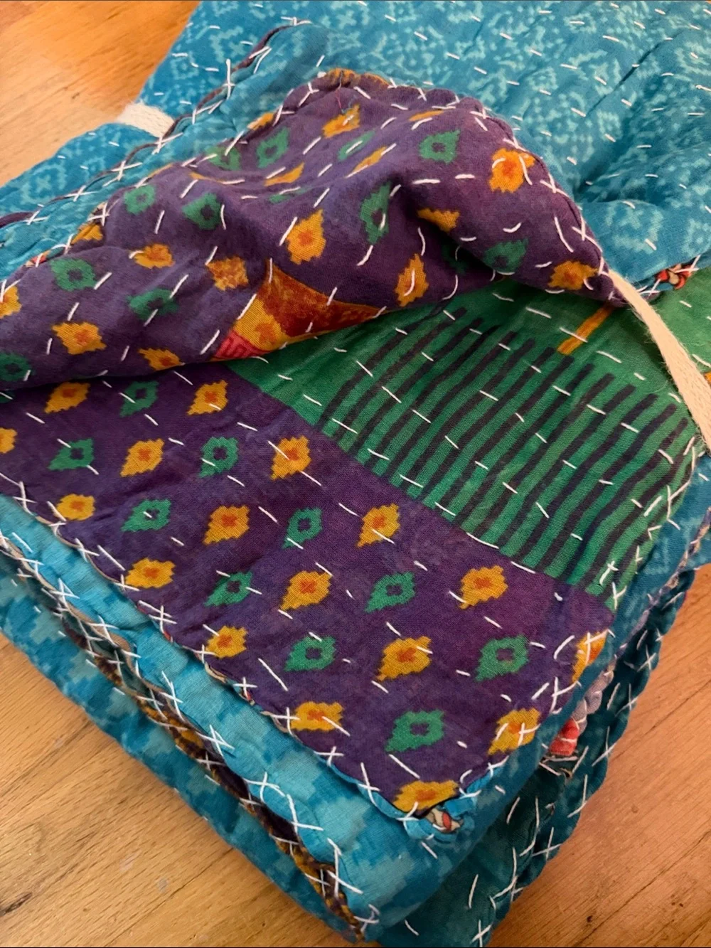Handmade cotton BOHO Teal Kantha Quilt Blanket